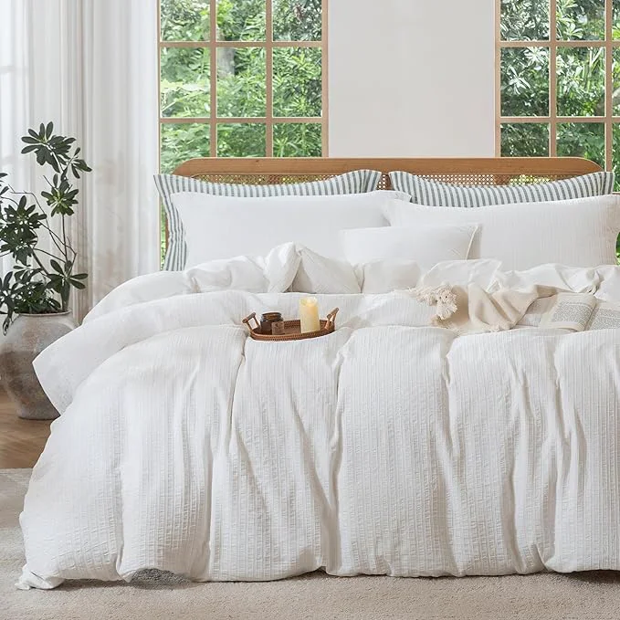 Excellent MILDLY White Striped Duvet Cover - Washed Cotton Jacquard Textured Comforter Cover with Dual Zipper Closure amp 8 Coner Ties Recyclable