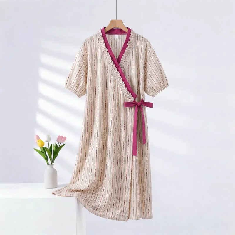 Quality Ownkoti Polka Dot Striped Ruffled Side-tie Nightgown High-Grade