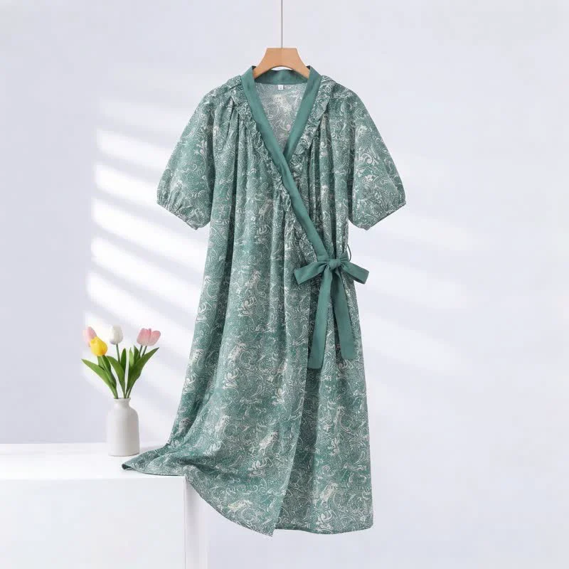 Selected Ownkoti Vintage Green Ruffled Side-tie Nightgown Functional