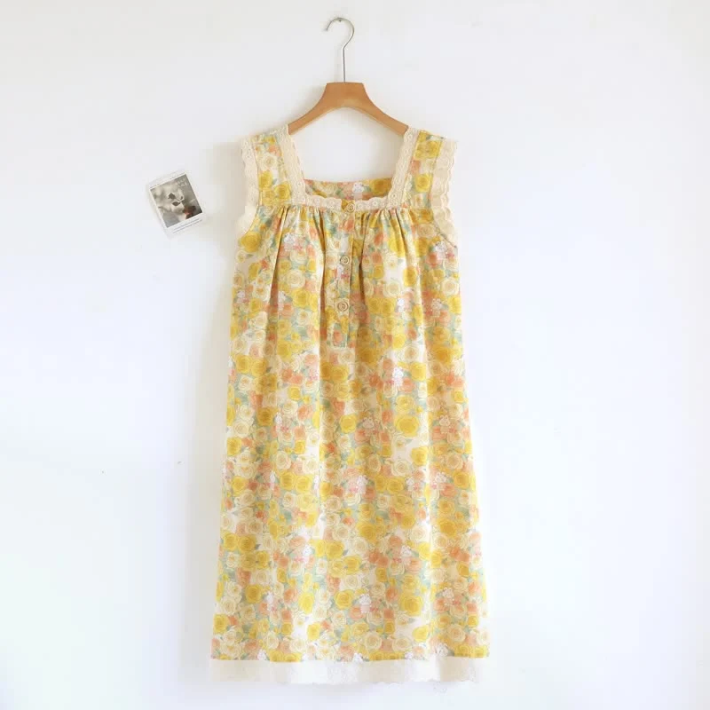 Relaxed Ownkoti Yellow Floral Lace Trim Cotton Nightgown Original