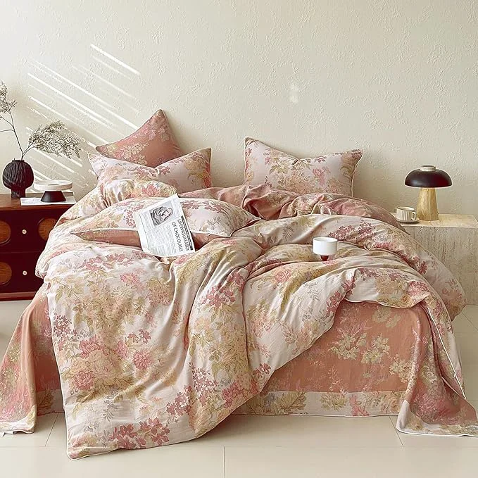 Original VM VOUGEMARKET Vintage Floral Double Gauze Duvet Cover Set Queen – Blush Peach Jacquard Reversible Breathable Cotton Bedding Rustic Pastoral Style for Cozy Family Bedrooms Practical