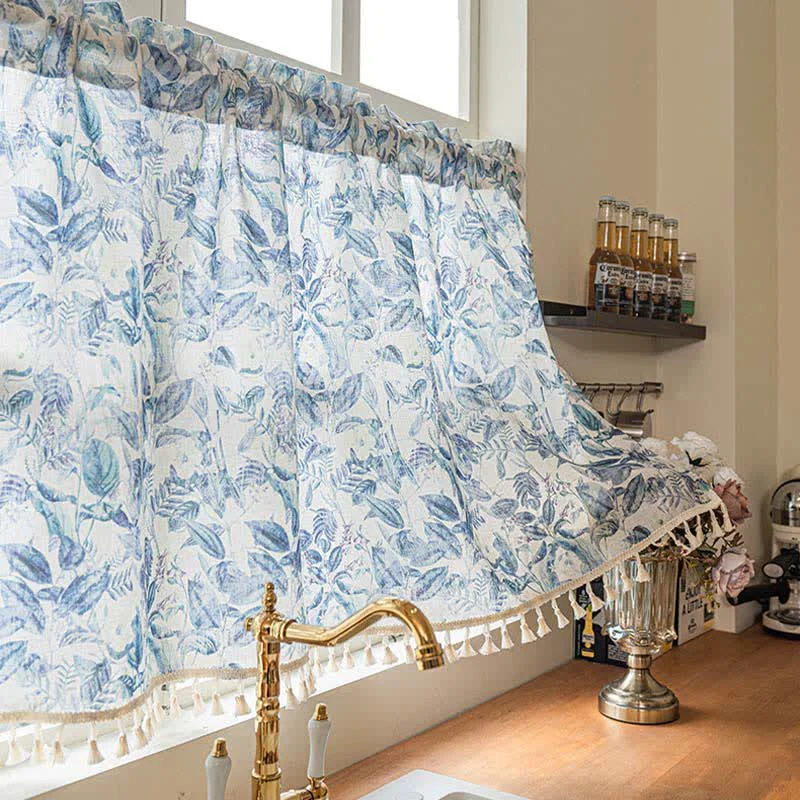 Breathable Ownkoti Botanical Linen Kitchen Curtain with Tassels Comfortable