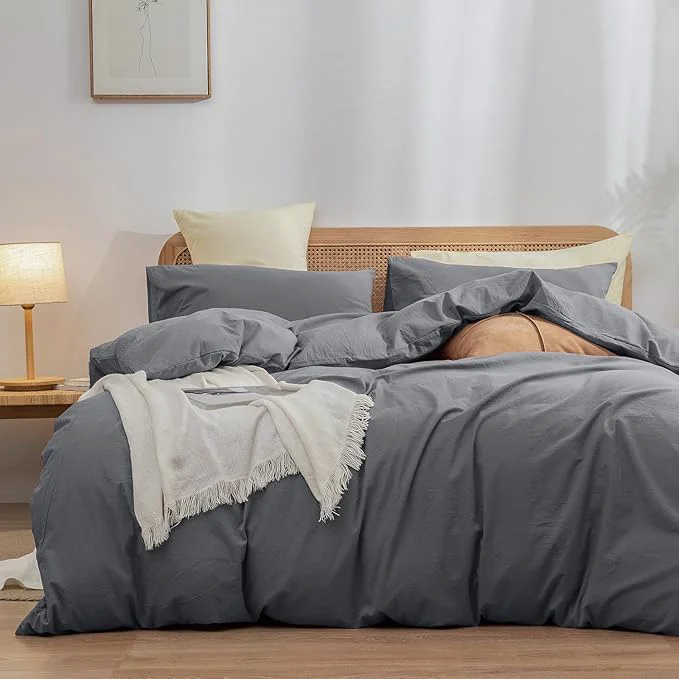 Next-Generation OUCH Duvet Cover Set Washed Cotton Linen Feel Super Soft Comfortable Chic Lightweight 3 PCs Home Bedding Set Solid Quiet Shade Grey Oversized King Genuine