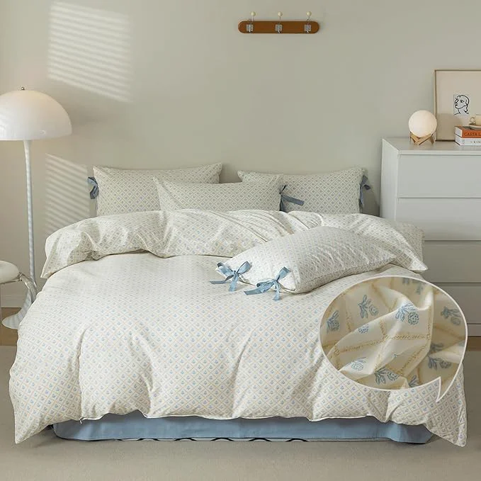 Solid VM VOUGEMARKET Full Duvet Cover with Blue Flower Prints Cotton Bedding Set Yellow Plaid Grid Comforter Cover with Zipper Closure 80x90 Inch Premium Material