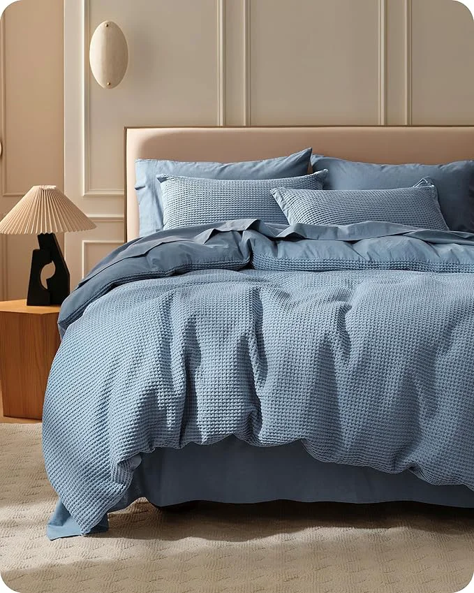 Durable Bedsure Cotton Duvet Cover King - Cotton Waffle Weave Grey Blue Duvet Cover King Size GentleSoft™ and Breathable Bedding Set for All Season 3 Pieces 104 quot x90 quot Selected