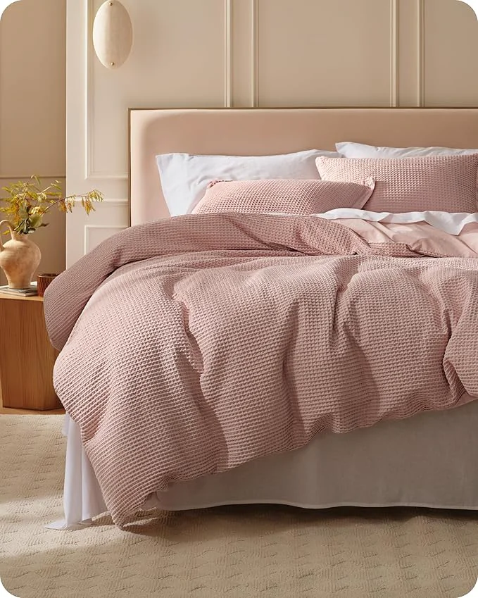 Enhanced Bedsure Cotton Duvet Cover Queen - Cotton Waffle Weave Pink Duvet Cover Queen Size GentleSoft™ and Breathable Bedding Set for All Season 3 Pieces 90 quot x90 quot High-Grade