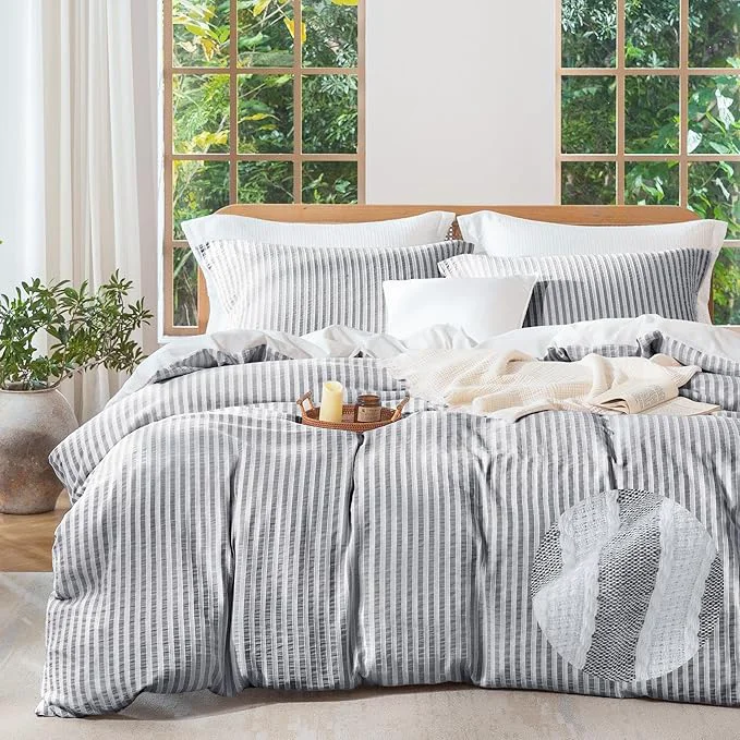 Quality MILDLY Dark Grey Striped Duvet Cover - Washed Cotton Jacquard Textured Comforter Cover with Dual Zipper Closure amp 8 Coner Ties Comfortable