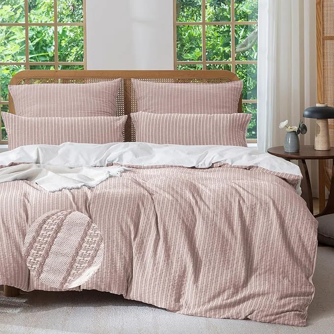 Breathable MILDLY Jacquard Stripe Duvet Cover - Washed Cotton Pale Mauve Boho Textured Comforter Cover Set with Zipper Closure 104 quot x90 quot High-Quality