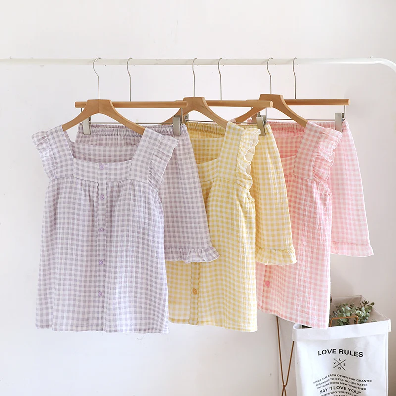 Contemporary Ownkoti Ruffle Sleeve Gingham Cotton Pajama Set Relaxed