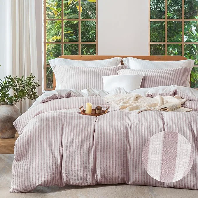 Organic MILDLY Jacquard Stripe Duvet Cover - Washed Cotton Pale Mauve Boho Textured Comforter Cover 2pcs with Zipper Closure 68 quot x90 quot User-Friendly