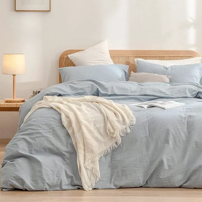 Casual OUCH Duvet Cover Set Washed Cotton Linen Feel Super Soft Comfortable Chic Lightweight 3 PCs Home Bedding Set Solid Cornflower Blue Alaska King High-Quality