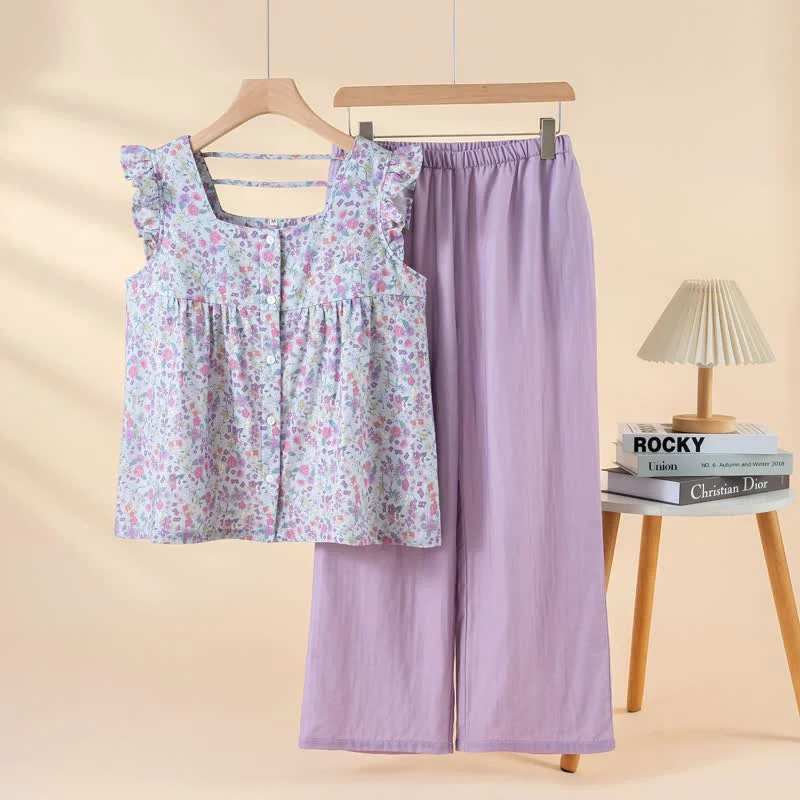 Selected Ownkoti Floral Cotton Gauze Ruffle Loungewear Set Elegant