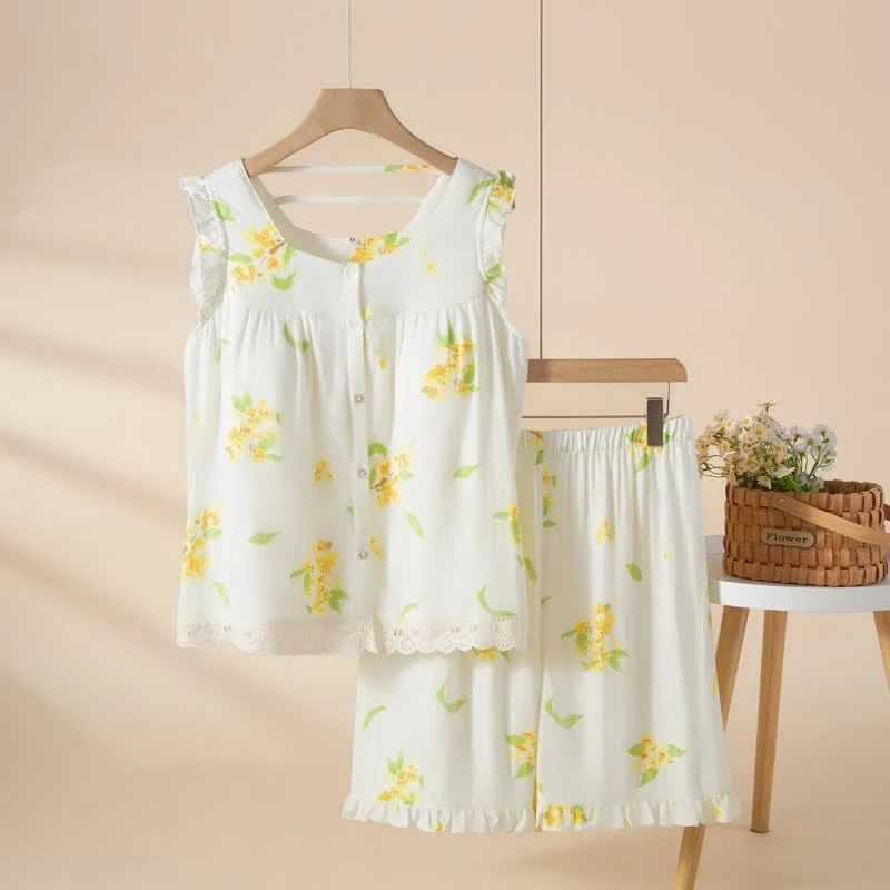 Minimalist Ownkoti Osmanthus Ruffle Lace Sleeveless Loungewear Set Premium