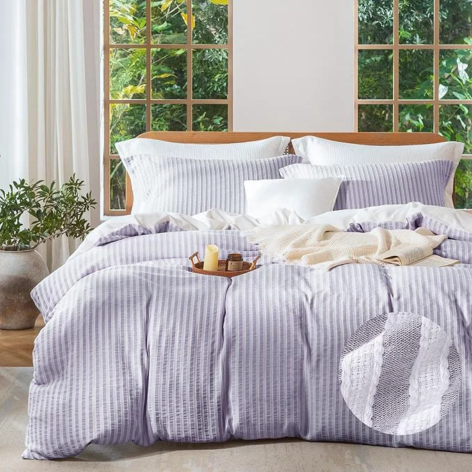 Versatile MILDLY Purple Striped Duvet Cover - Washed Cotton Jacquard Boho Textured Comforter Cover 3pcs with Corner Ties Zipper Closure 80 quot x90 quot Powerful