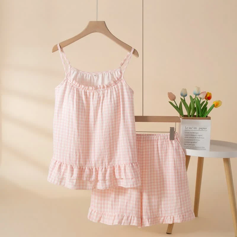 Fine Ownkoti Soft Gingham Cotton Ruffle Loungewear Set Flexible