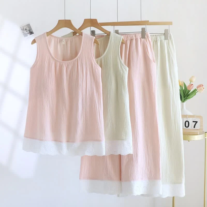 Efficient Ownkoti Solid Cotton Gauze Lace Loungewear Set Smart
