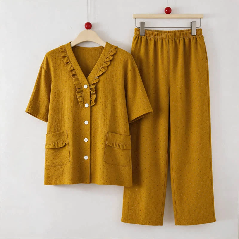 Recyclable Ownkoti Mustard Cotton Ruffle Loungewear Set Detailed
