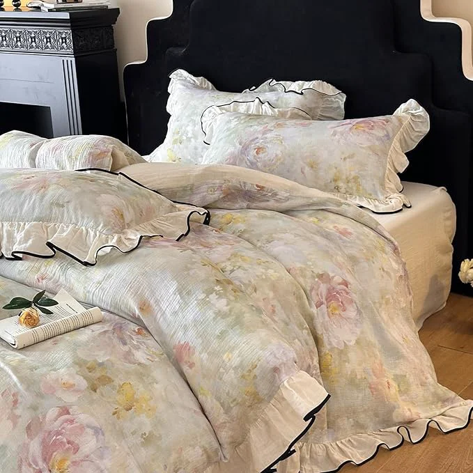 Responsible VM VOUGEMARKET Chic Floral Duvet Cover Full with Romantic Ruffles Organic Cotton Soft Textured Gauze Weave Comforter Cover with Zip Closure and Corner Ties- 80 quot x90 quot Authentic