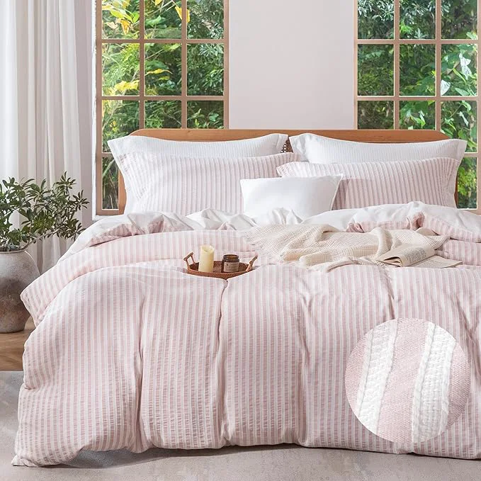 Carefully Designed MILDLY Pink Striped Duvet Cover - Washed Cotton Jacquard Boho Textured Comforter Cover 3pcs with Corner Ties Zipper Closure 104 quot x90 quot Expertly Made