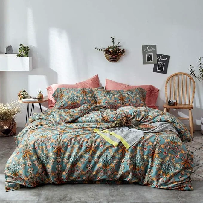Efficient VM VOUGEMARKET Gold Green Flower Duvet Cover Full Medallion Print Bedding Set Percale Cotton Vibrant Bohemian Pattern Quit Cover with Zipper Closure Secure