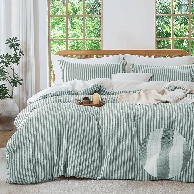 Natural MILDLY Green Striped Duvet Cover - Washed Cotton Jacquard Textured Comforter Cover with Dual Zipper Closure amp 8 Coner Ties Outstanding