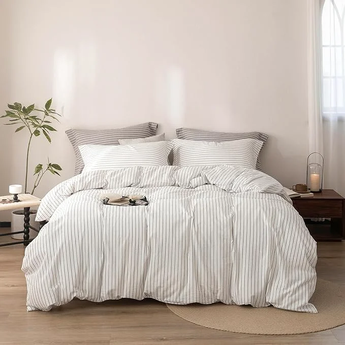 Expertly Made Stripe Duvet Cover Twin Size 90inch x 68inch Washed Cotton Linen Feel Duvet Cover with Zipper Closure and 1 Pillowcases Color of White-Dark Grey Stripe Effective