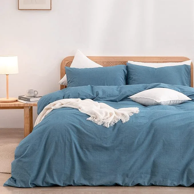 Unique OUCH Duvet Cover Set Washed Cotton Linen Feel Super Soft Comfortable Chic Lightweight 3 PCs Home Bedding Set Solid Dark Blue King Premium