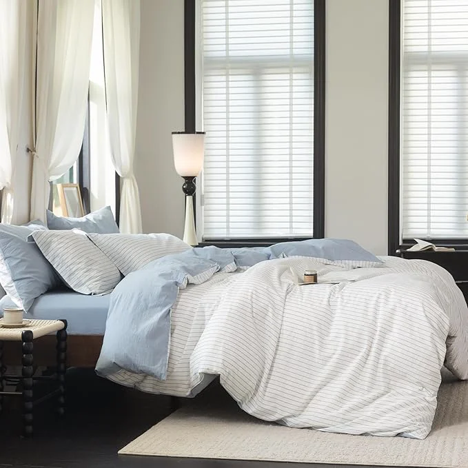 Superior Reversible Duvet Cover Set Washed Cotton Sky Blue Stripe Linen Feel Duvet Cover Queen Size with Zipper Closure amp 2 Pillow Shams Sky Blue White Stripe Reverse Solid Sky Blue Smart