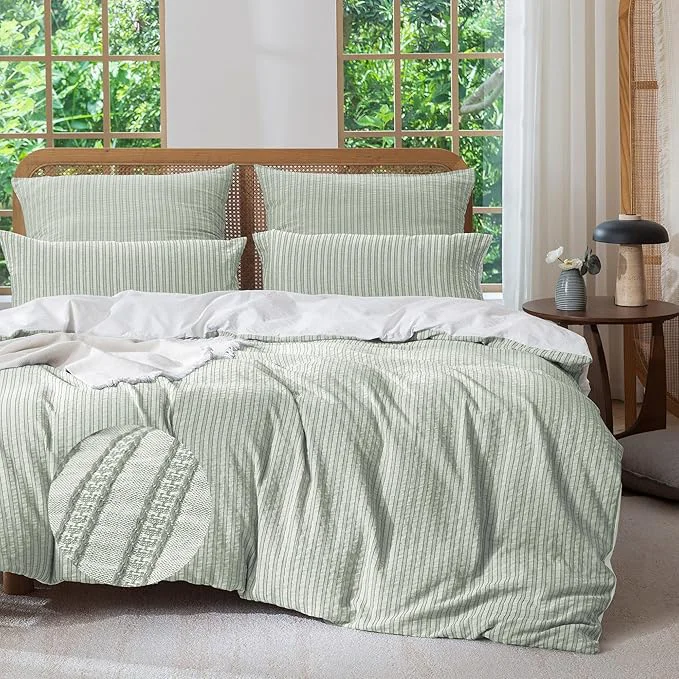 Original Design MILDLY Jacquard Stripe Duvet Cover - Sage Green Washed Cotton Boho Textured Comforter Cover Set with Zipper Closure 80 quot x90 quot High-Grade