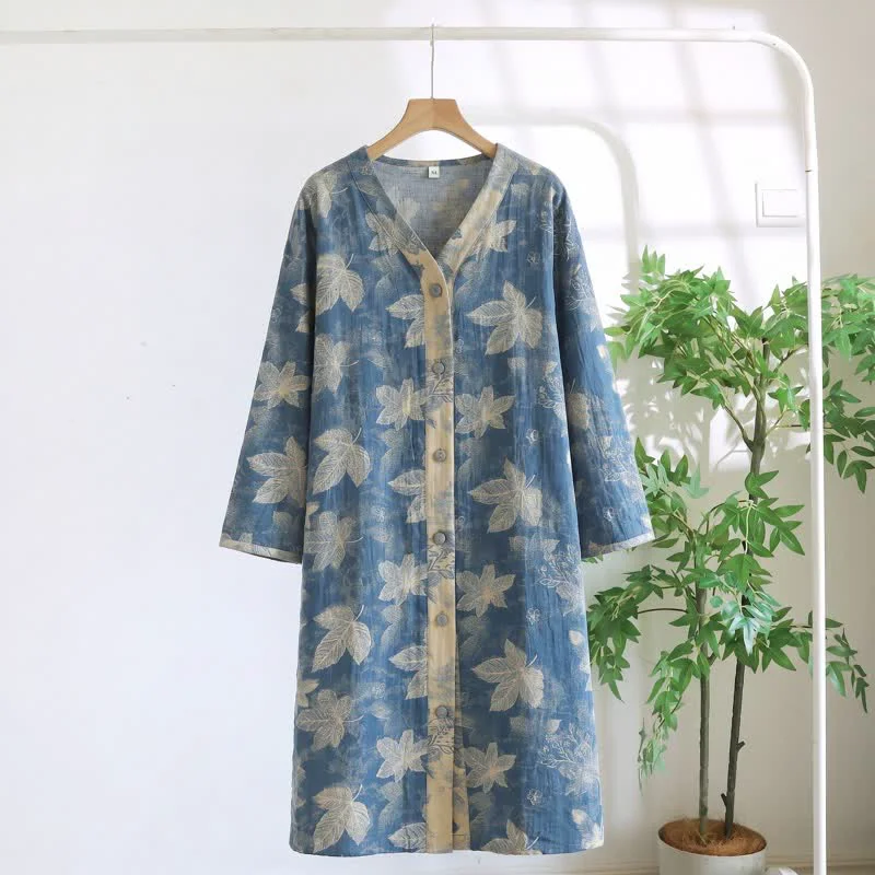 Recyclable Ownkoti Blue Leaf Cotton Gauze Sleep Nightie Stylish