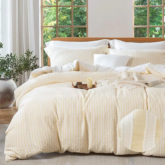 Unique MILDLY Yellow Striped Duvet Cover - Washed Cotton Jacquard Textured Comforter Cover with Dual Zipper Closure amp 8 Coner Ties Modern