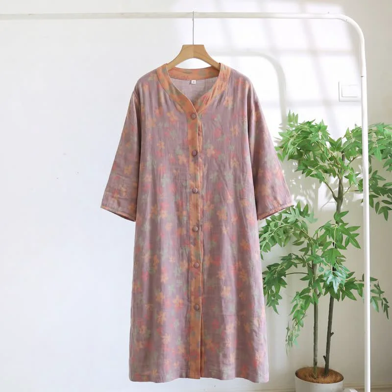 Premium Ownkoti Purple Floral Cotton Gauze Lounge Dress Original