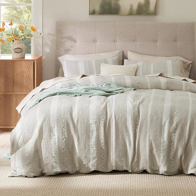 Authentic Bedsure Waffle Weave Duvet Cover King - Cotton Boho Duvet Cover with 2 Pillowcases - Linen Color Textured Comforter Cover with Zipper Closure King 104 quot x90 quot Practical
