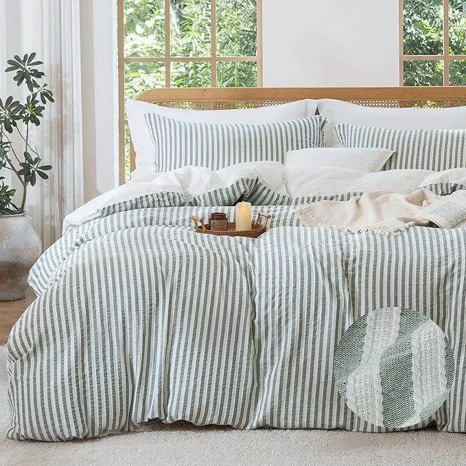 Original Design MILDLY Sage Green Striped Duvet Cover - Washed Cotton Jacquard Textured Comforter Cover with Dual Zipper Closure amp 8 Coner Ties Versatile