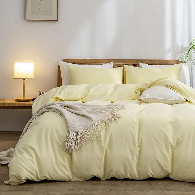OUCH Duvet Cover Set Washed Cotton Linen Feel Super Soft Comfortable Chic Lightweight 3 PCs Home Bedding Set Solid Light Yellow Cal King Stylish