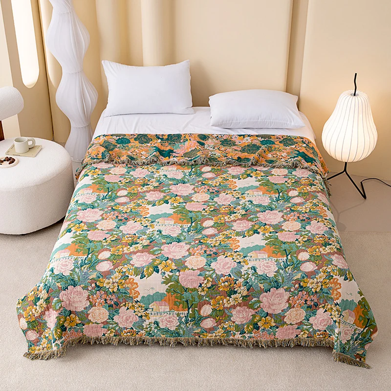 Reusable Ownkoti Vintage Oil Painting Rosy Fringed Gauze Quilt Environmentally Friendly