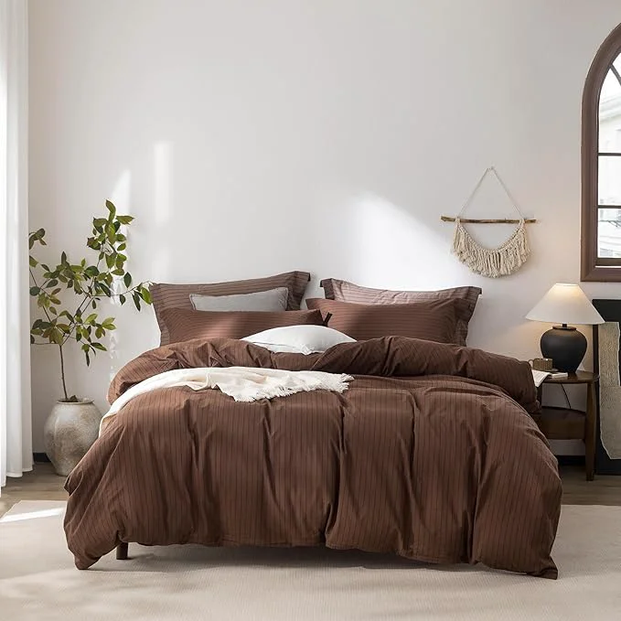Selected Stripe Duvet Cover Queen Size 90inch x 90inch Washed Cotton Pinstripe Duvet Cover with Zipper Closure and 2 Pillowcases Color of Cocoa Brown-Black Stripe Smart