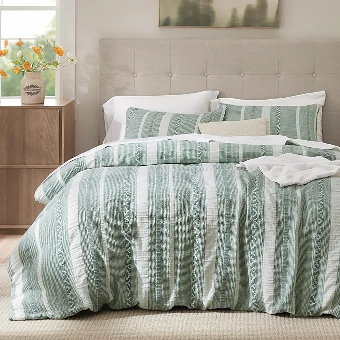 Pure Bedsure Waffle Weave Duvet Cover Queen - Cotton Boho Duvet Cover with 2 Pillowcases - Green Textured Comforter Cover with Zipper Closure Queen 90 quot x90 quot Durable