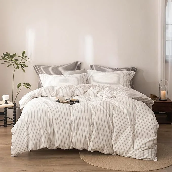 Superior Stripe Duvet Cover King Size 104inch x 90inch Washed Cotton Linen Feel Duvet Cover Pinstripe Duvet Cover with Zipper Closure and 2 Pillowcases Color of White and Linen Grey Stripe Sustainable