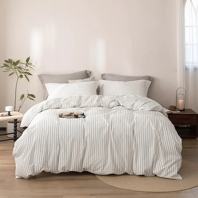 Original Stripe Duvet Cover Queen Size 90inch x 90inch Washed Cotton Linen Feel Pinstripe Duvet Cover with Zipper Closure and 2 Pillowcases Color of White-Dark Grey Stripe Professional