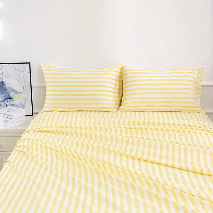 Natural Season 4 Piece Stripe Microfiber Stripe Sheet Set - Super Soft Luxury Hotel Deep Pocket Stain Fade amp Wrinkle Resistant Bedding Set Yellow Full Size Official
