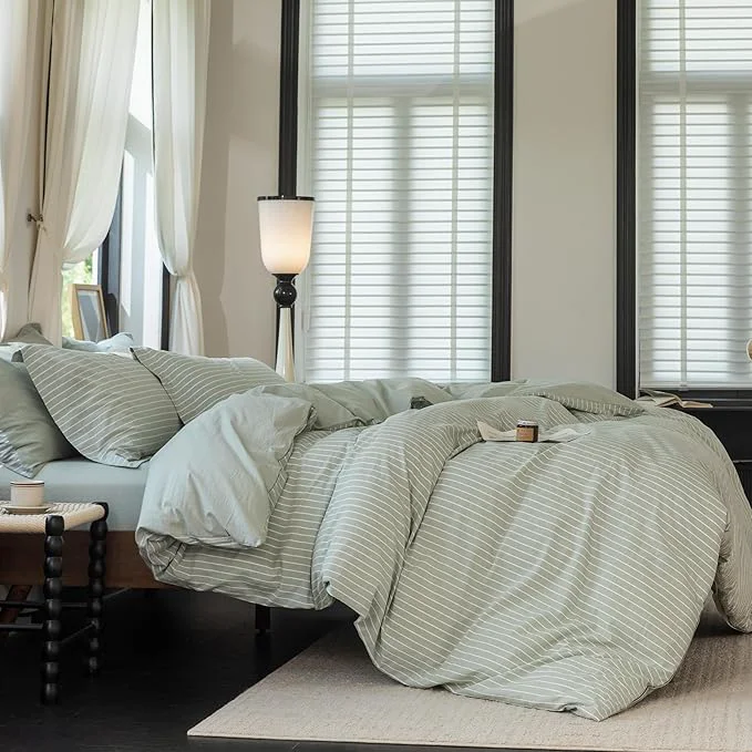 Practical Reversible Duvet Cover Set Washed Cotton Green Stripe Linen Feel Duvet Cover Super Queen Size with Zipper Closure amp 2 Pillow Shams Celadon Green White Stripe Reverse Solid Celadon Green Modern