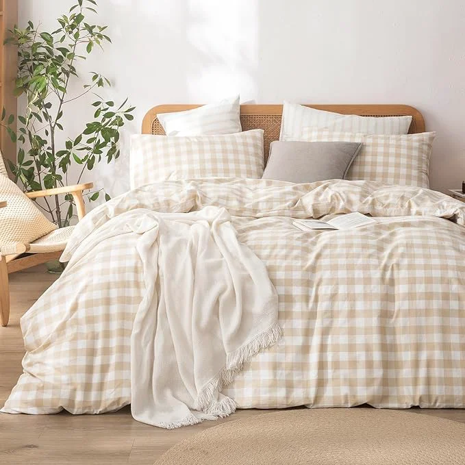 Next-Generation OUCH Duvet Cover Set Washed Cotton Linen Feel Super Soft Comfortable Chic Lightweight 3 PCs Home Bedding Set Almond Grey amp White Grid King Authentic