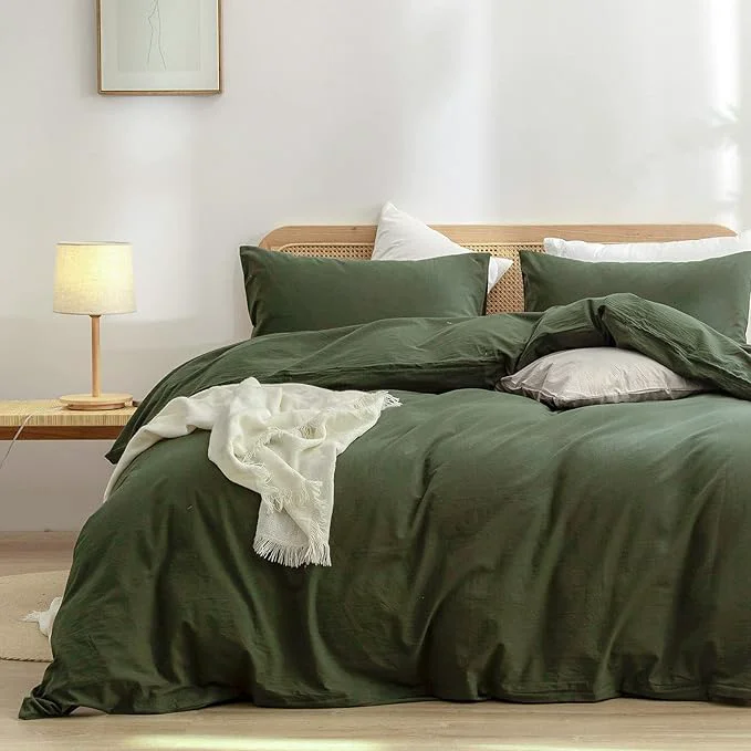 Sustainable OUCH Duvet Cover Set Washed Cotton Linen Feel Super Soft Comfortable Chic Lightweight 2 PCs Home Bedding Set Solid Olive Green Twin Twin XL World-Class