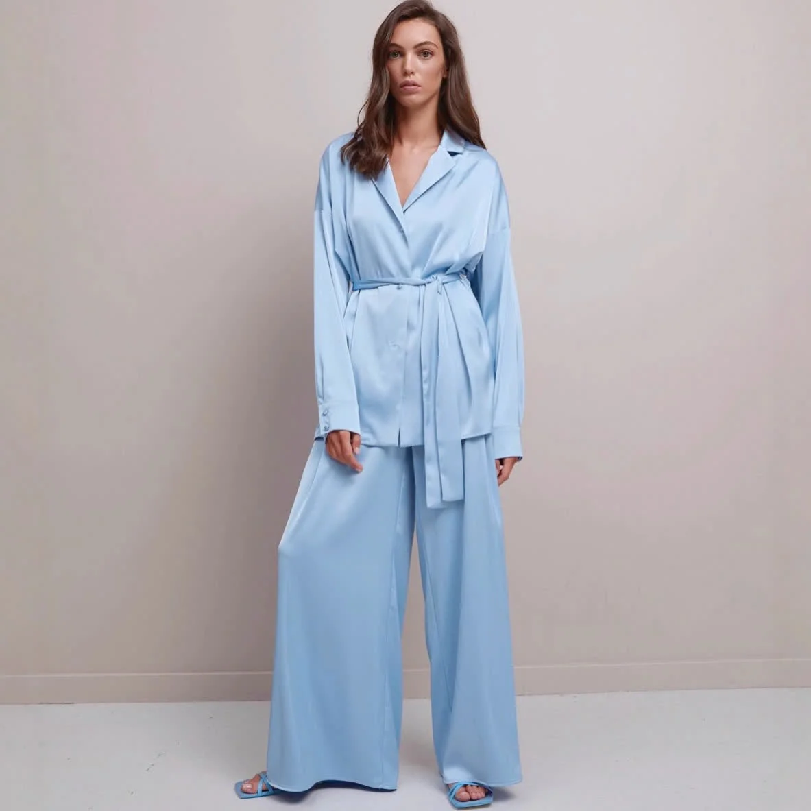 Lightweight Ownkoti Solid Color Belted Women 39 s Loungewear Set Safe