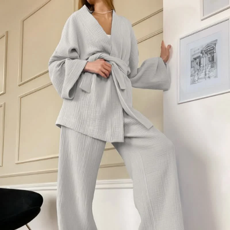 Breathable Ownkoti Solid Color Cotton Gauze Kimono Pajamas Casual