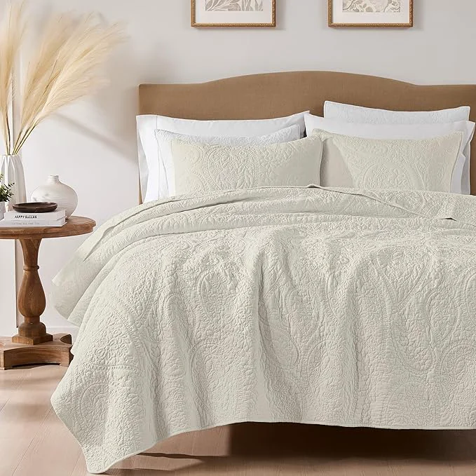 Quality PALASSIO Beige Paisley Cotton Quilt California Cal King Size Bedding Sets with 2 Pillow Shams Oversized Boho Floral Farmhouse Vintage Soft Bedspread Shabby Chic Coverlet for All Season 3 Pieces Organic