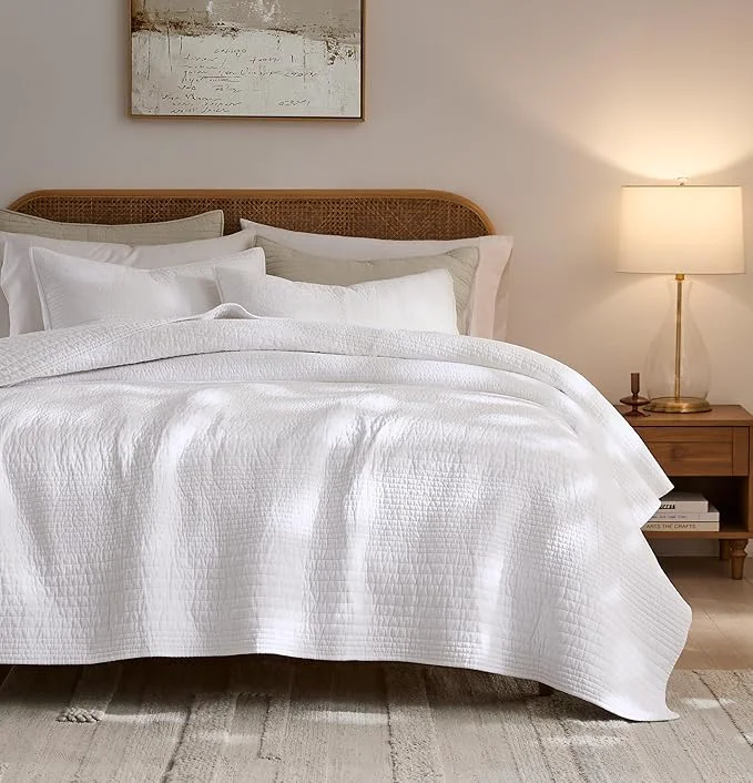 Expertly Made palassio Striped White Cotton Quilt Twin Size Bedding Sets Lightweight Crinkly Channel Pick Stitch Textured Bedspread Soft Shabby Chic Farmhouse Country Coverlet for All Season 1 Sham Innovative