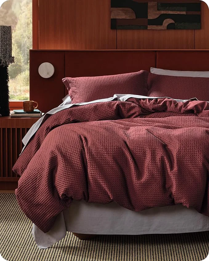 High-End Bedsure Cotton Duvet Cover Queen - Cotton Waffle Weave Maroon Red Duvet Cover Queen Size GentleSoft™ and Breathable Bedding Set for All Season 3 Pieces 90 quot x90 quot Reliable