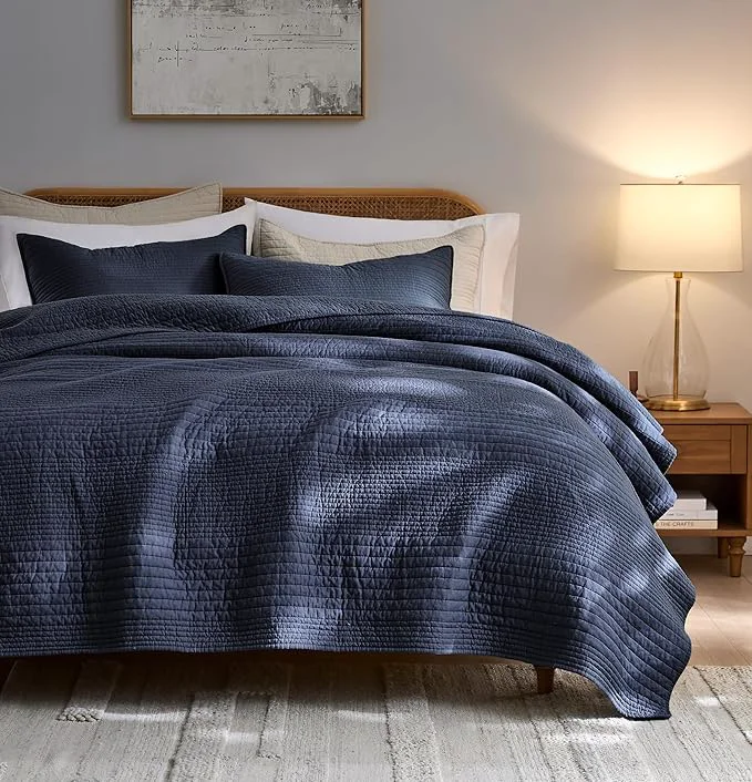 Prestigious PALASSIO Striped Navy Blue Cotton Quilt California Cal King Size Bedding Sets Oversized Lightweight Channel Pick Stitch Textured Bedspread Soft Farmhouse Country Coverlet for All Season 2 Shams Trendy